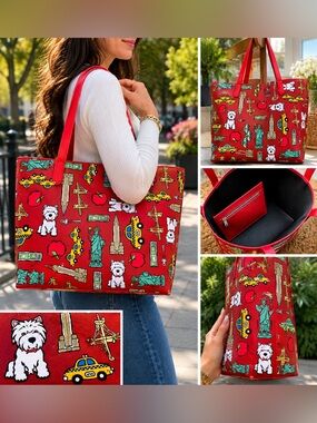 Marc Tetro NYC Westie Shopper Tote Bag Red New York Landmarks Taxi Dog Print